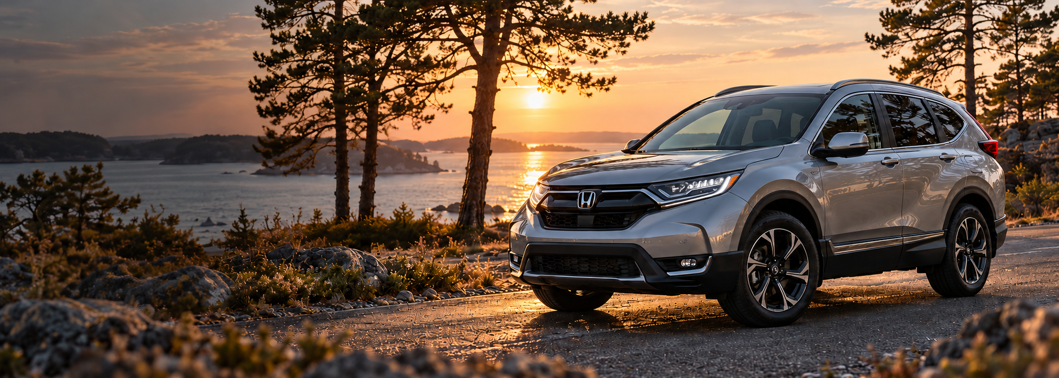 Silverfärgad Honda vid en svensk kustväg i kvällsljus